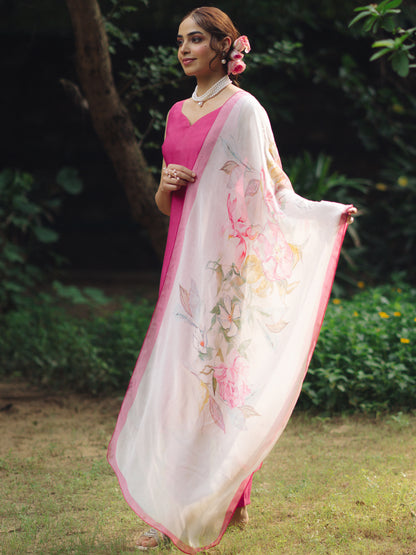 Women's Dark Pink Silk Kurta Set with Organza White Dupatta