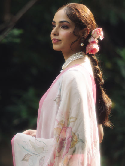 Women's Dark Pink Silk Kurta Set with Organza White Dupatta