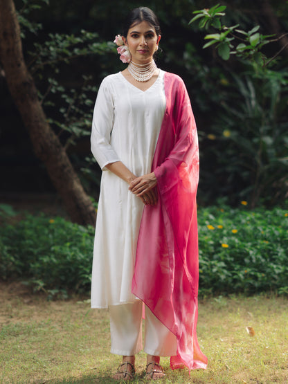 Women's White Silk Kurta Set with Organza Dupatta