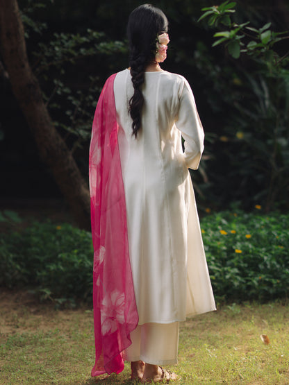 Women's White Silk Kurta Set with Organza Dupatta