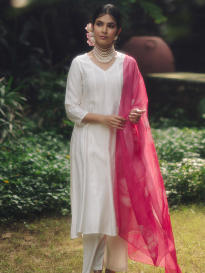 Women's White Silk Kurta Set with Organza Dupatta