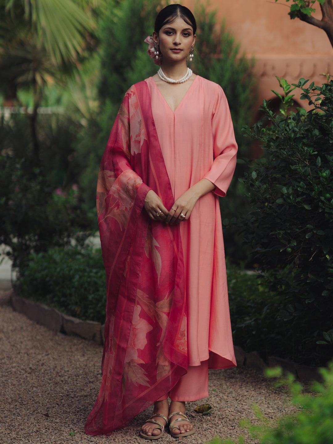 Women's Peach Remi Silk Kurta Set with Organza Dupatta