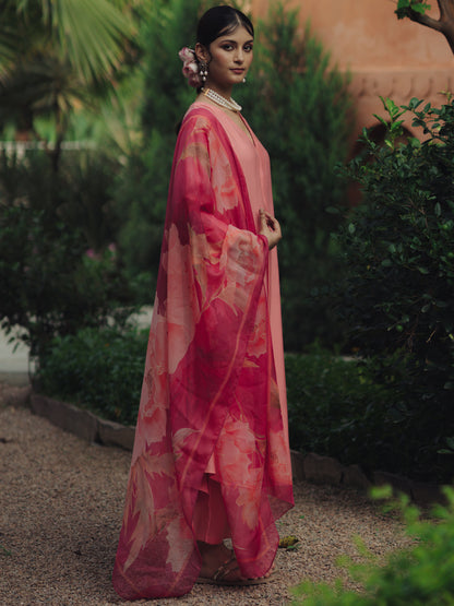 Women's Peach Remi Silk Kurta Set with Organza Dupatta