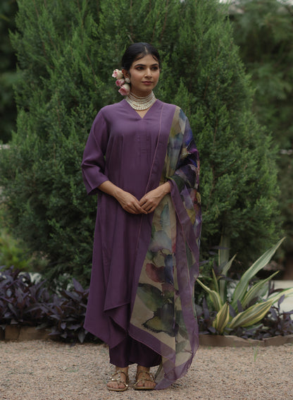 Women's Purple Remi Silk Kurta Set with Organza Dupatta