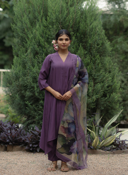 Women's Purple Remi Silk Kurta Set with Organza Dupatta