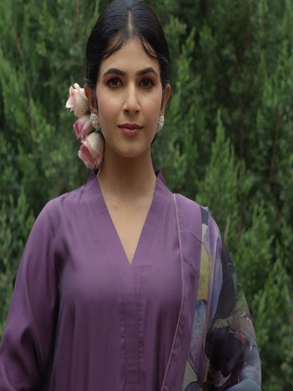 Women's Purple Remi Silk Kurta Set with Organza Dupatta