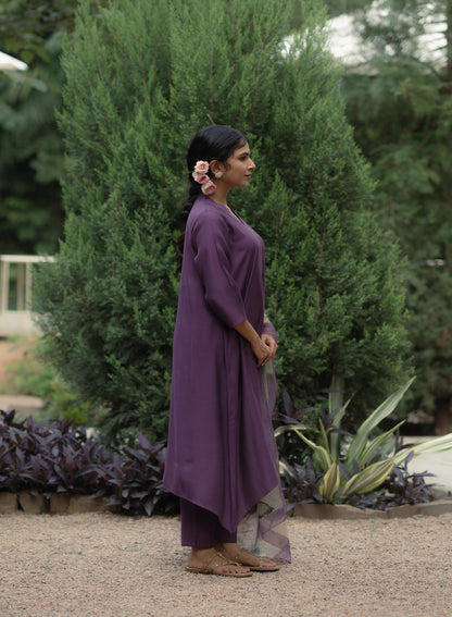 Women's Purple Remi Silk Kurta Set with Organza Dupatta