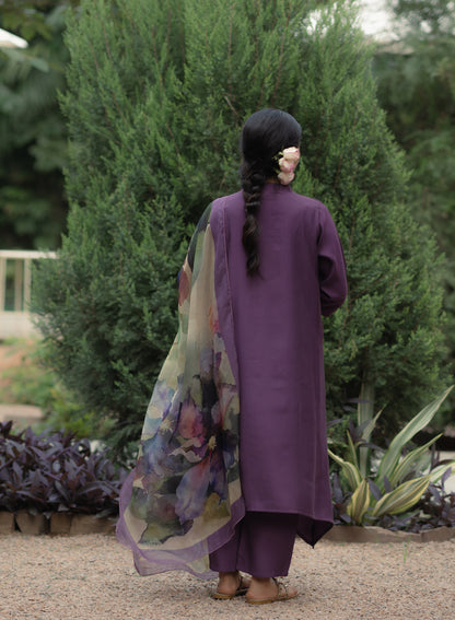 Women's Purple Remi Silk Kurta Set with Organza Dupatta