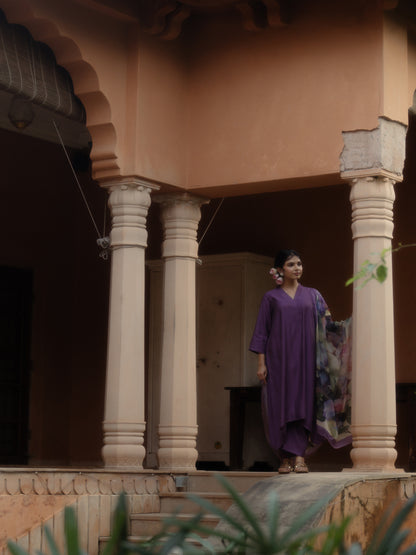 Women's Purple Remi Silk Kurta Set with Organza Dupatta