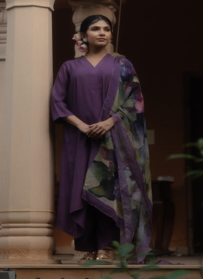 Women's Purple Remi Silk Kurta Set with Organza Dupatta