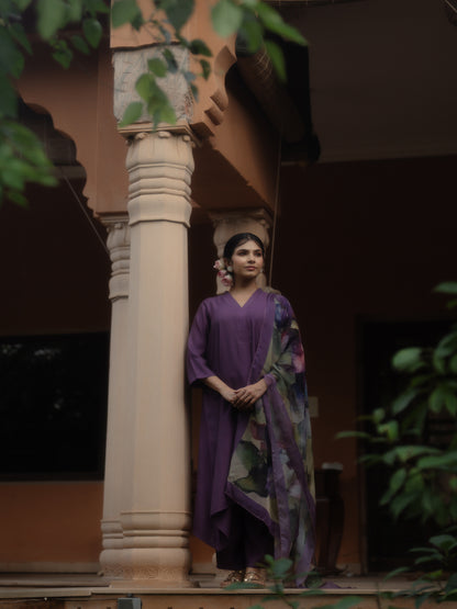 Women's Purple Remi Silk Kurta Set with Organza Dupatta