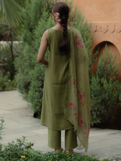 Women's Green Remi Silk Kurta Set with Organza Dupatta