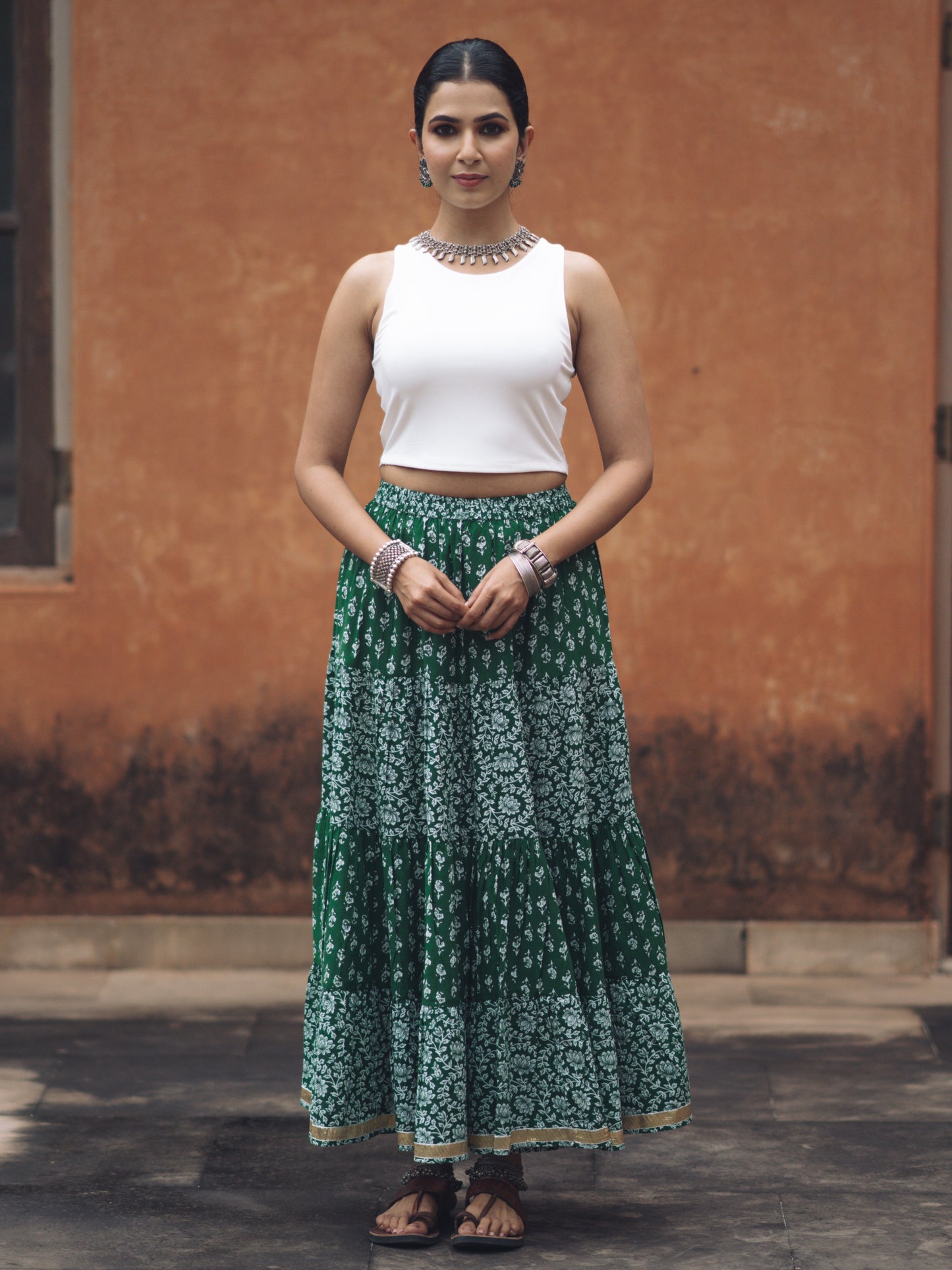 Women's Green Printed Tiered Skirt