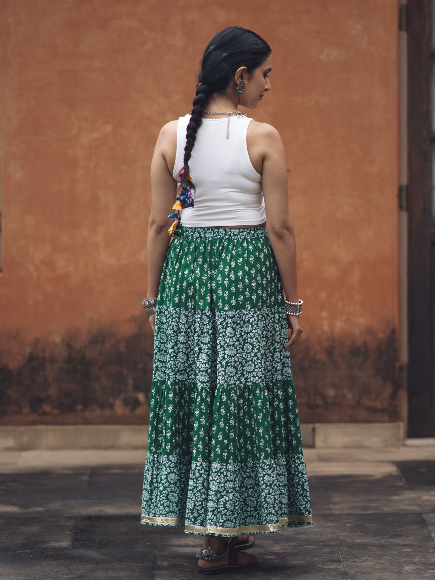 Women's Green Printed Tiered Skirt