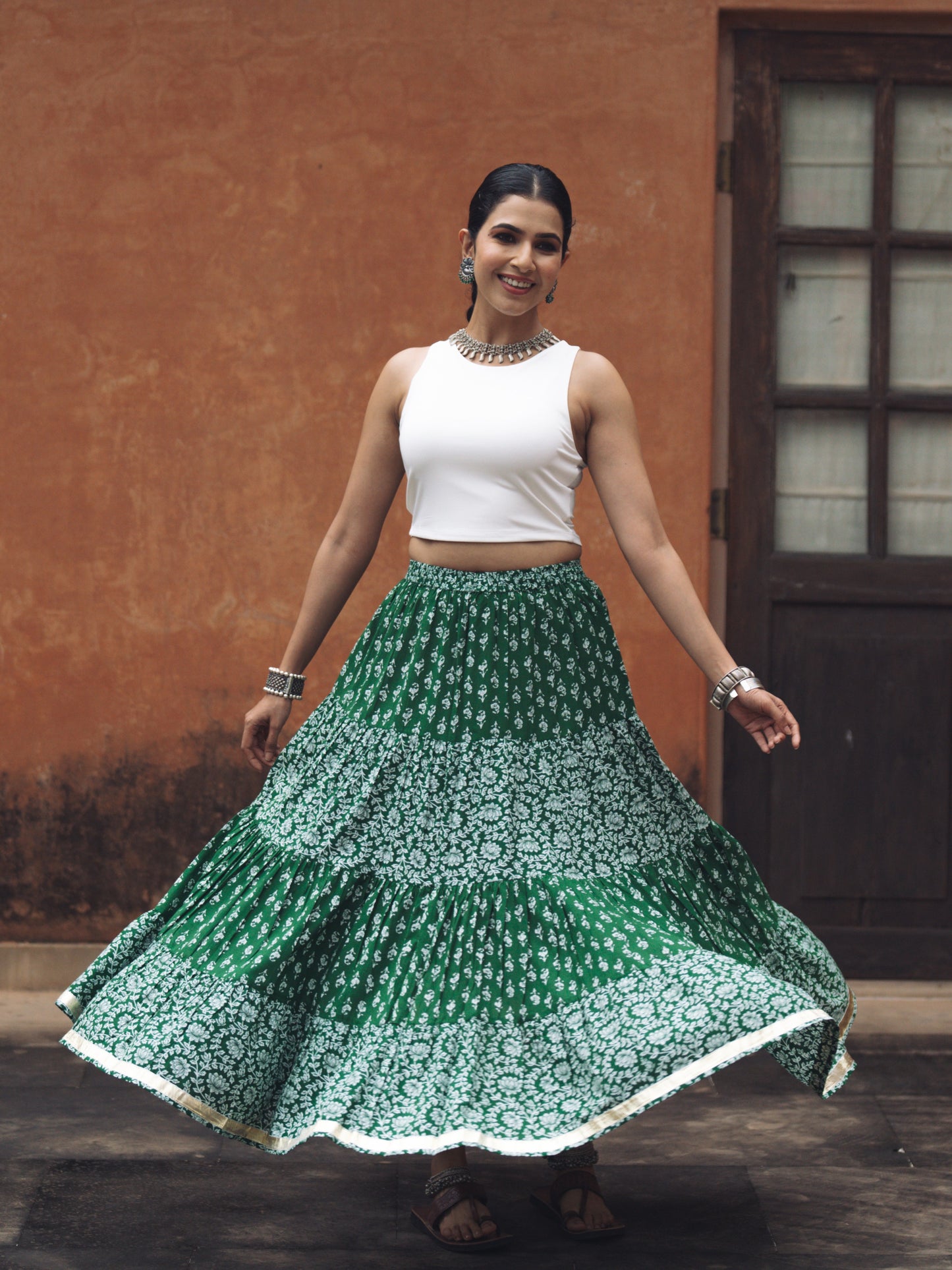 Women's Green Printed Tiered Skirt