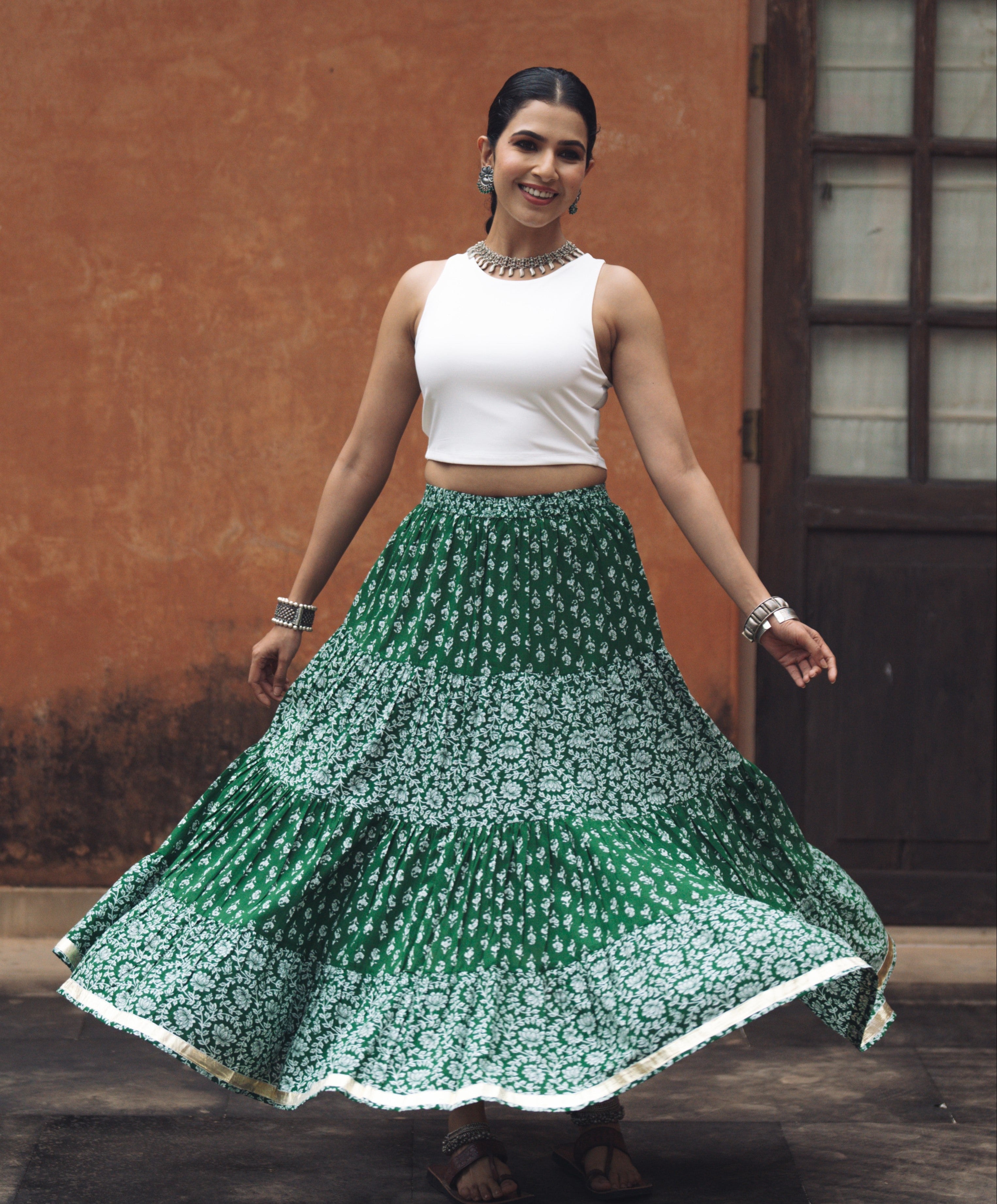 Women's Green Printed Tiered Skirt