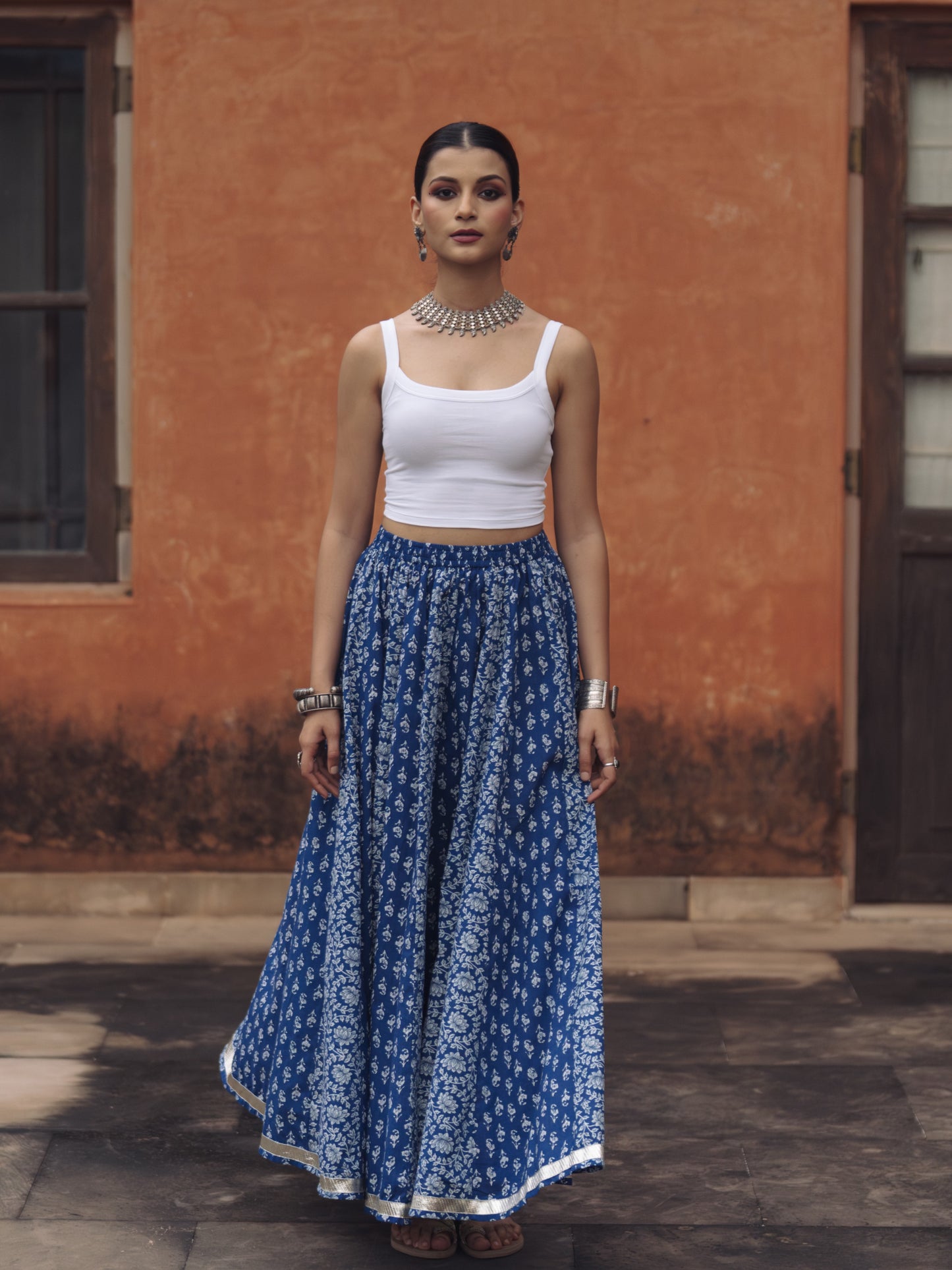 Women's Cotton Blue flared Maxi Skirt