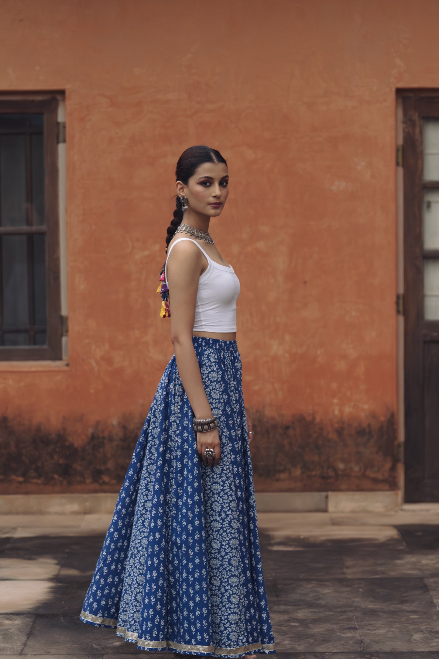 Women's Cotton Blue flared Maxi Skirt
