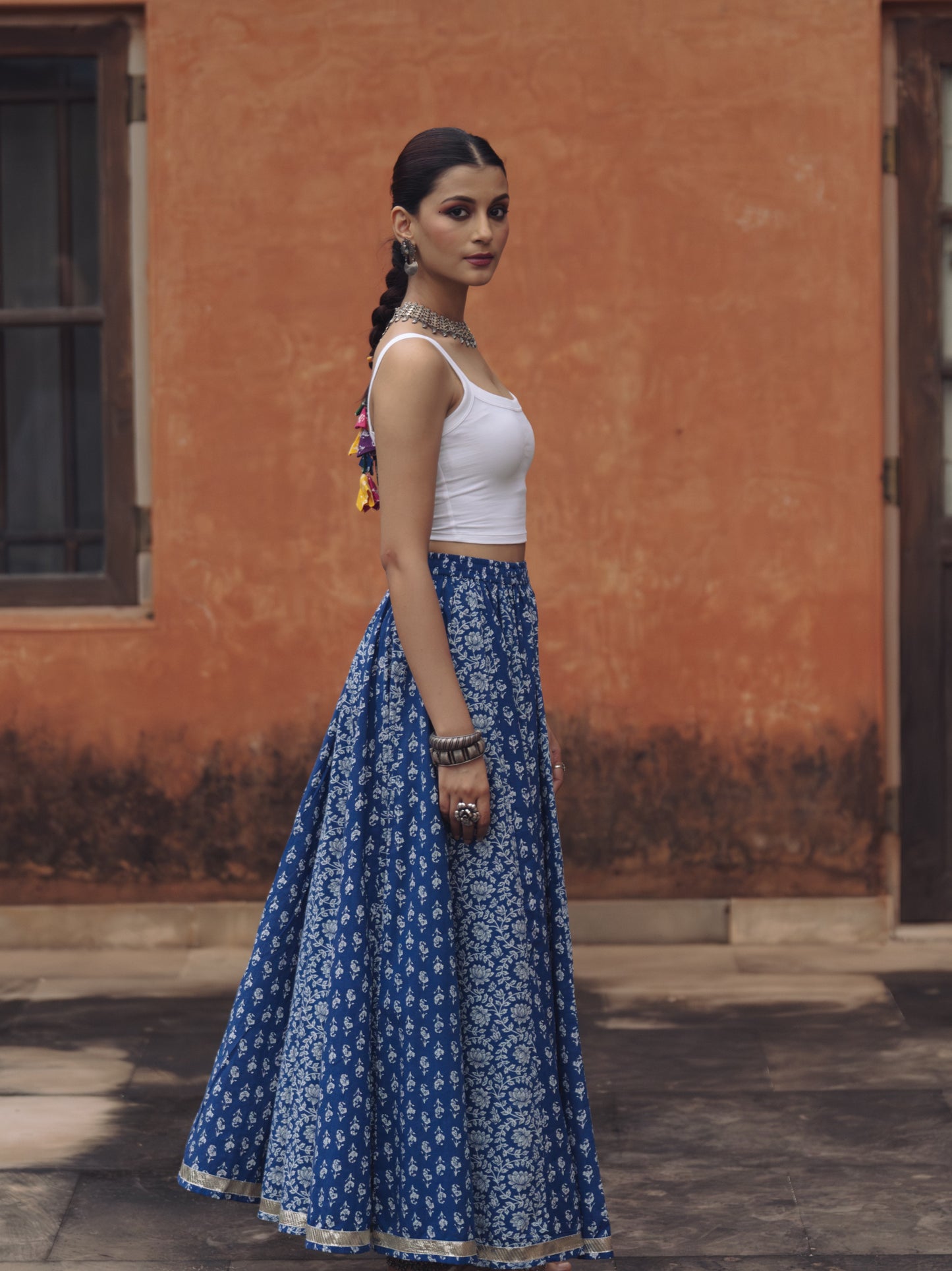 Women's Cotton Blue flared Maxi Skirt