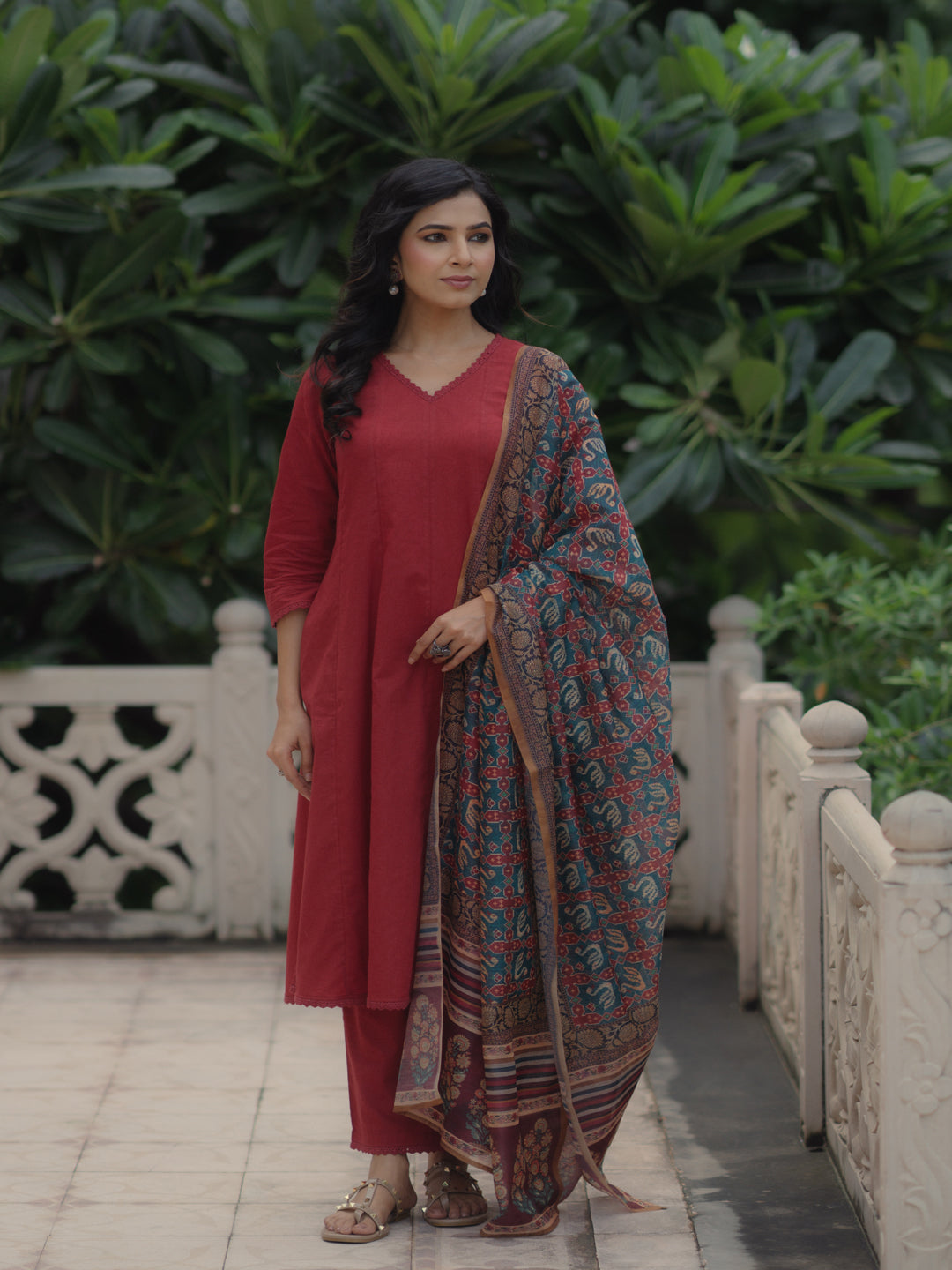 Women's Red Cotton Kurta Set with Printed Chanderi Dupatta