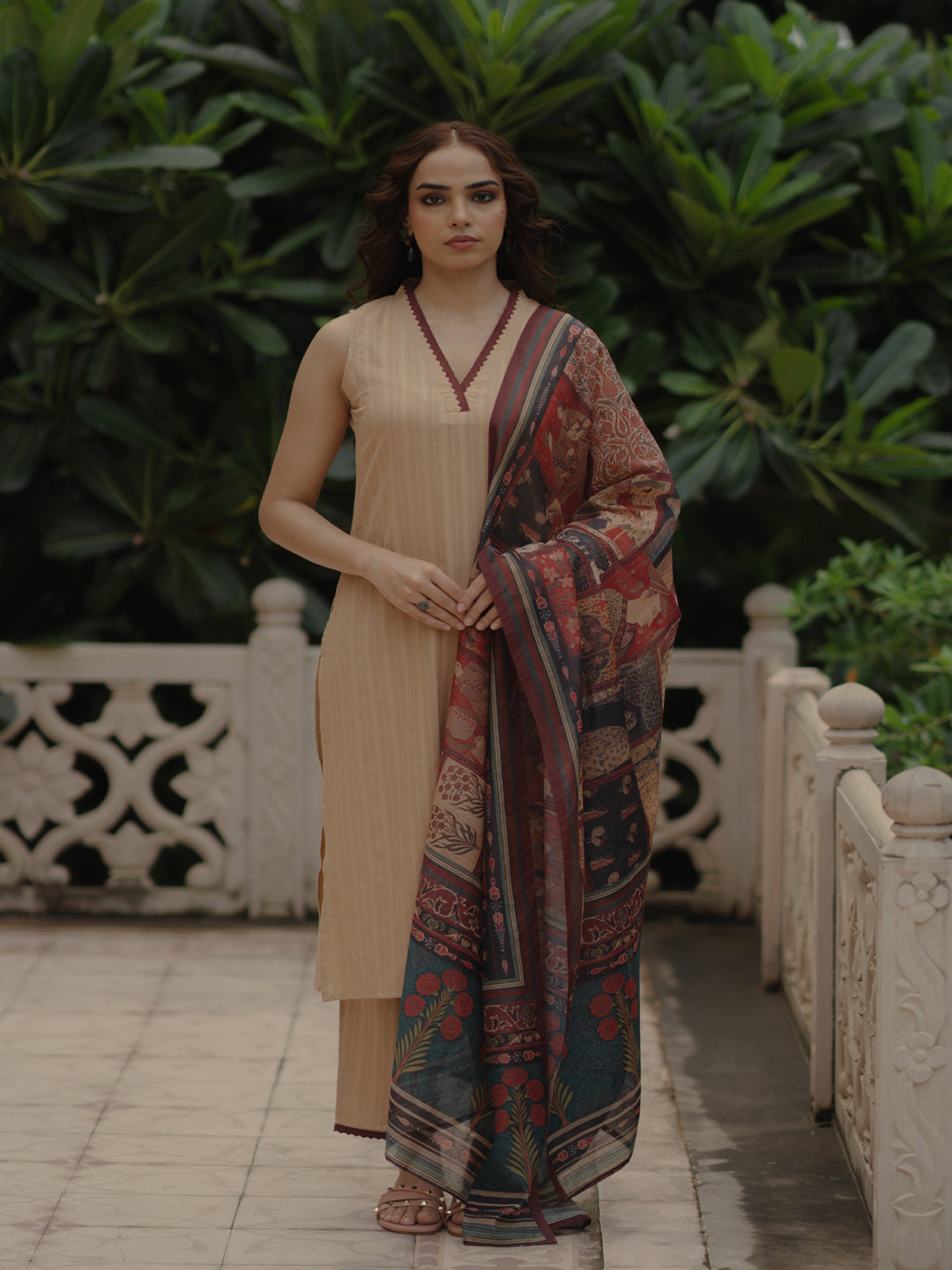 Women's Beige Cotton Kurta Set with Printed Chanderi Dupatta