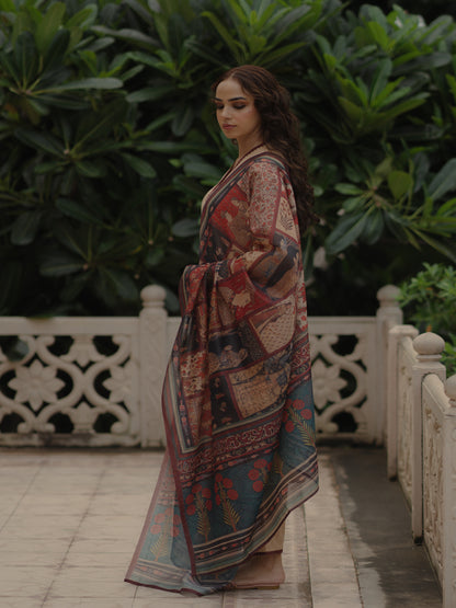 Women's Beige Cotton Kurta Set with Printed Chanderi Dupatta