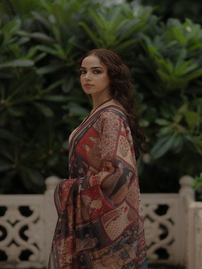 Women's Beige Cotton Kurta Set with Printed Chanderi Dupatta