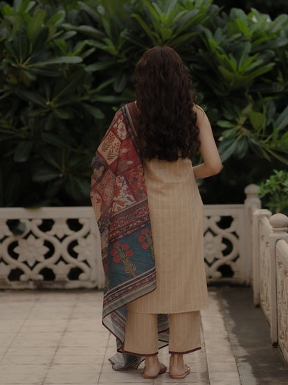 Women's Beige Cotton Kurta Set with Printed Chanderi Dupatta