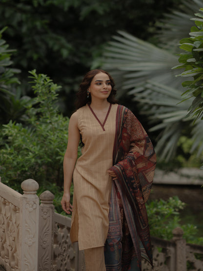 Women's Beige Cotton Kurta Set with Printed Chanderi Dupatta