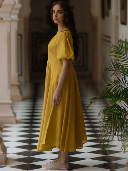 Women's Yellow long dress with balloon sleeves