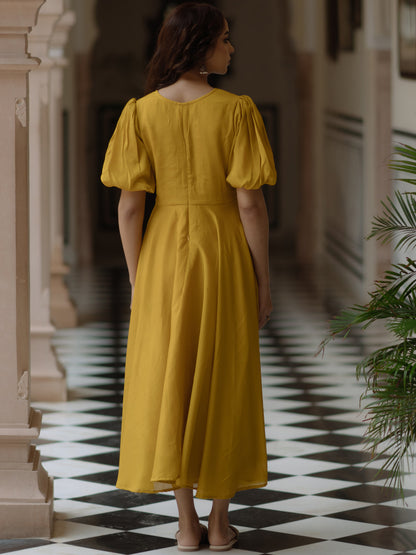 Women's Yellow long dress with balloon sleeves