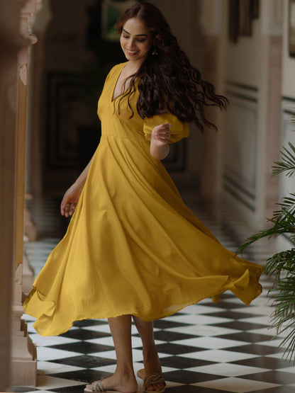 Women's Yellow long dress with balloon sleeves