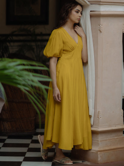 Women's Yellow long dress with balloon sleeves