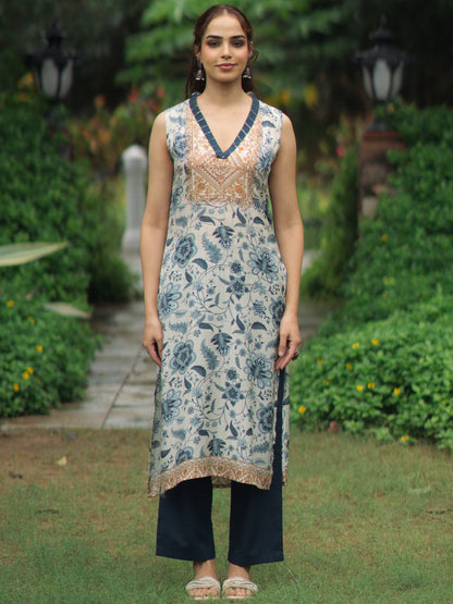 Women's White & Blue floral Sequined Sleeveless Kurta Set