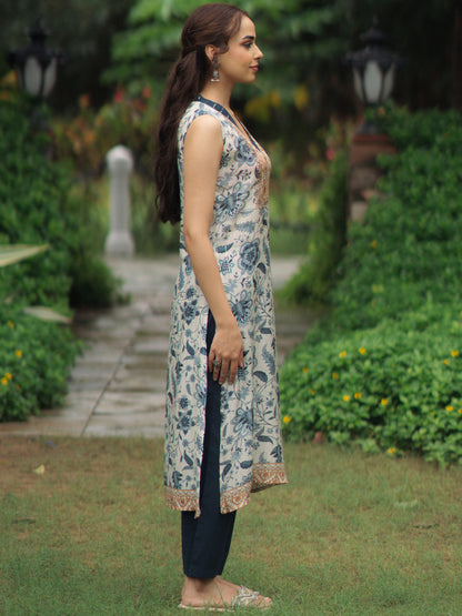 Women's White & Blue floral Sequined Sleeveless Kurta Set