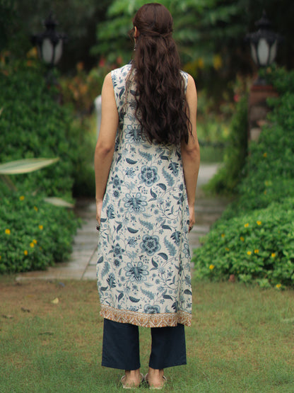 Women's White & Blue floral Sequined Sleeveless Kurta Set