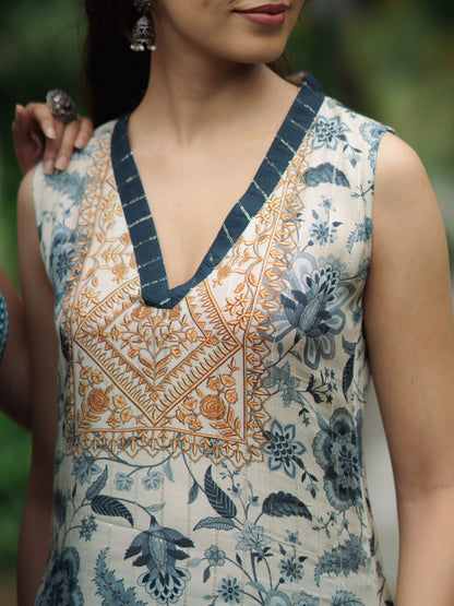 Women's White & Blue floral Sequined Sleeveless Kurta Set