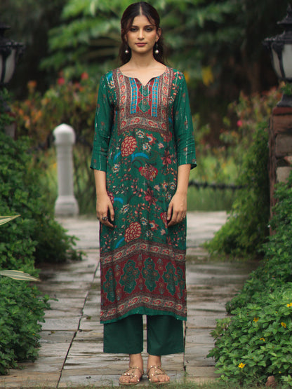 Women's Green floral Sequined Straight Kurta Set