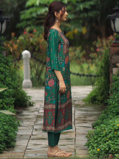 Women's Green floral Sequined Straight Kurta Set
