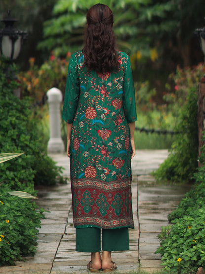 Women's Green floral Sequined Straight Kurta Set