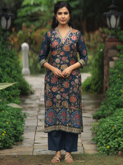 Women's Blue floral Sequined Straight Kurta Set