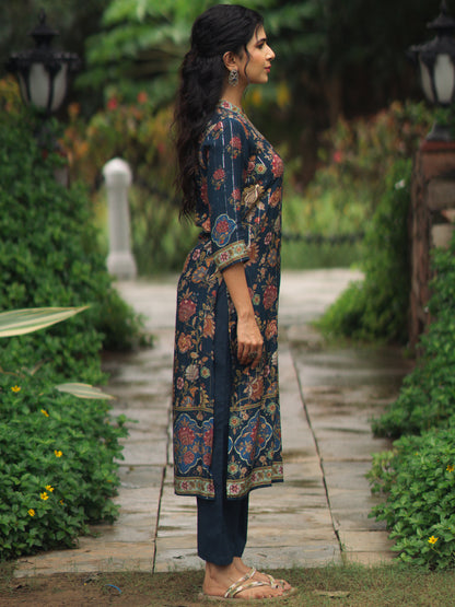 Women's Blue floral Sequined Straight Kurta Set