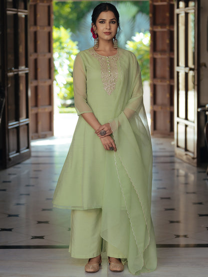 Women's Pista Green Embroidered A Line Kurta Set with Dupatta