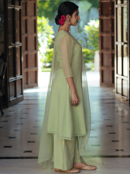 Women's Pista Green Embroidered A Line Kurta Set with Dupatta