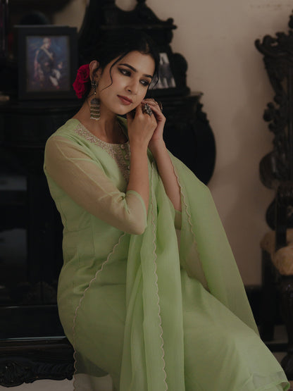 Women's Pista Green Embroidered A Line Kurta Set with Dupatta