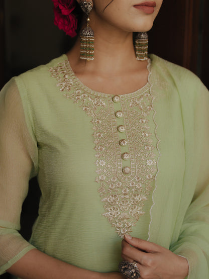 Women's Pista Green Embroidered A Line Kurta Set with Dupatta