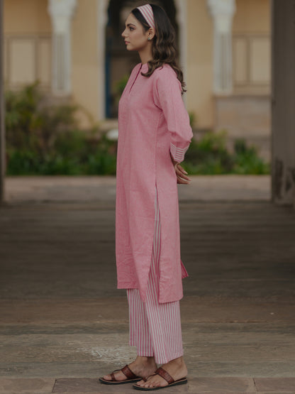 Women's Pink Cotton Mandarin Collar Kurta with Trousers