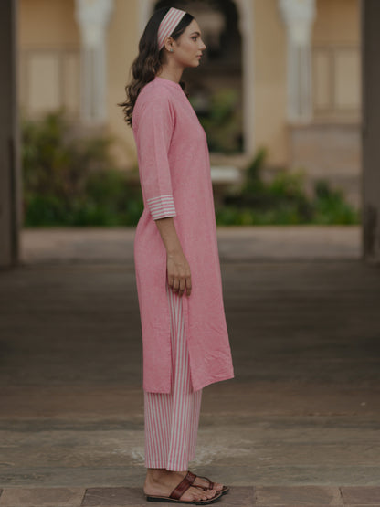 Women's Pink Cotton Mandarin Collar Kurta with Trousers