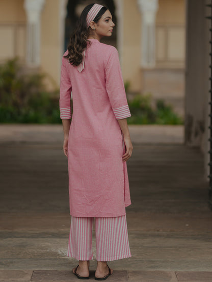 Women's Pink Cotton Mandarin Collar Kurta with Trousers