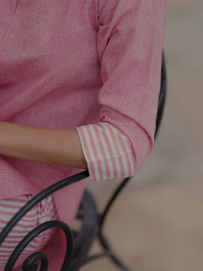 Women's Pink Cotton Mandarin Collar Kurta with Trousers